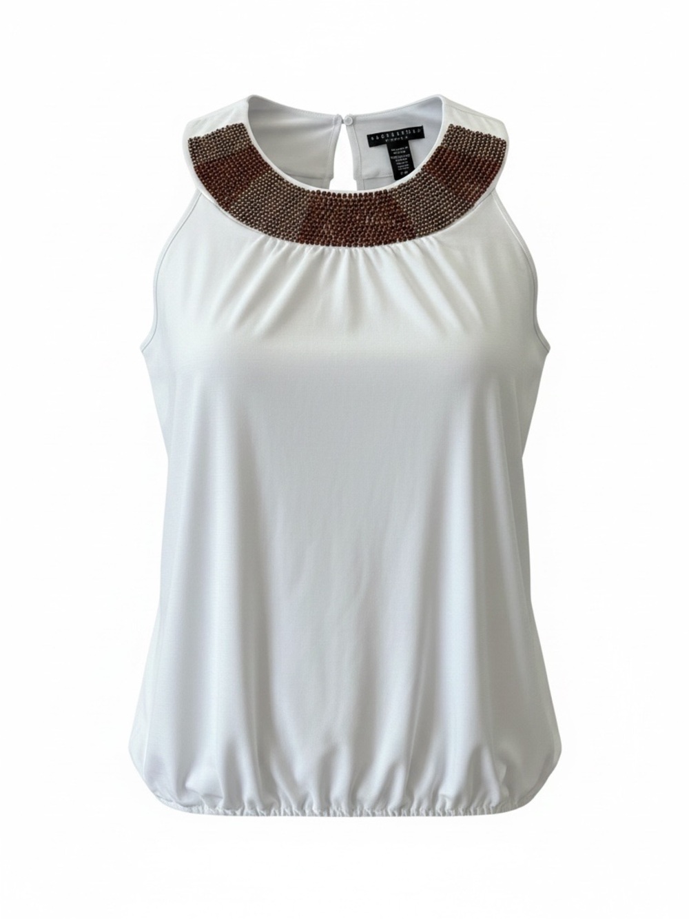 Apostrophe Woman’s White Sleeveless Tank with Bronze Beaded Neckline EUC Size LG